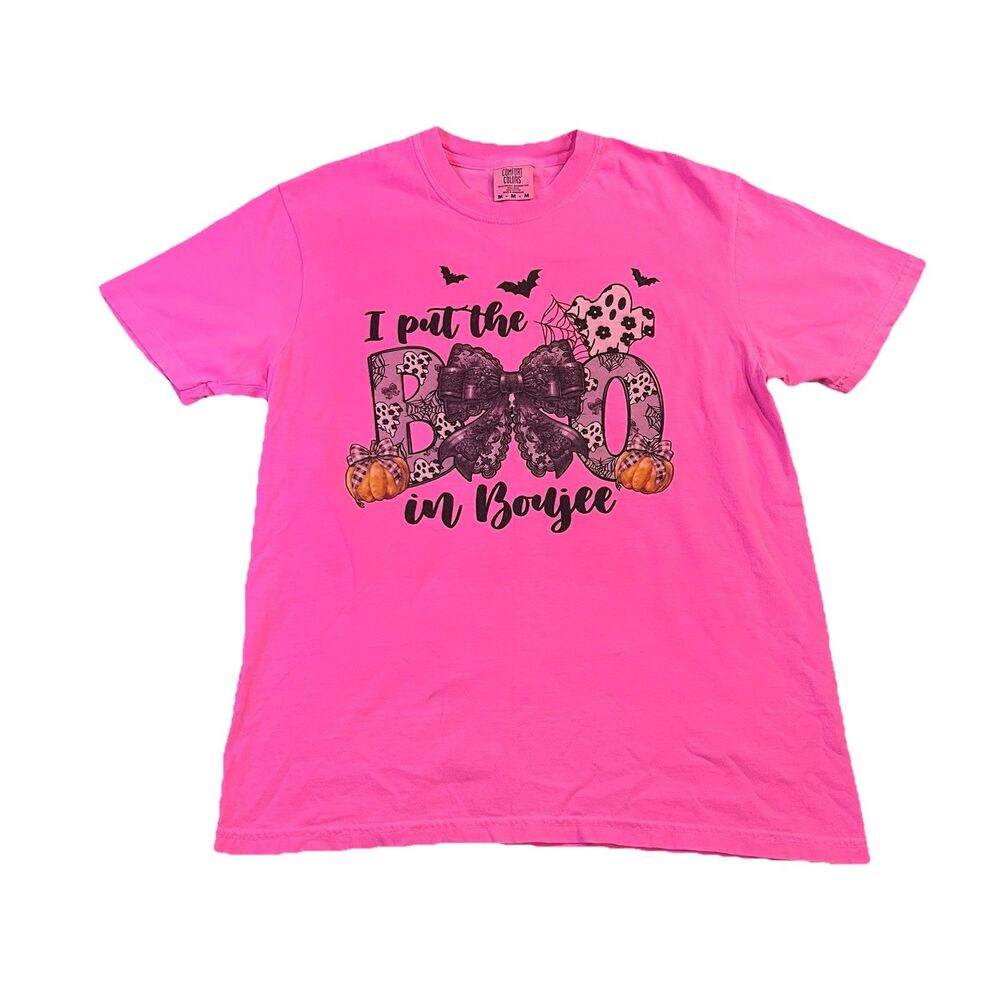Comfort Colors I Put the Boo In Boujee Fall Halloween Pink Graphic Shirt Size M